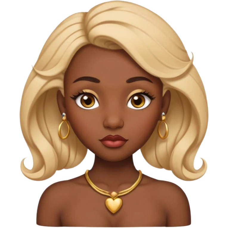 darkskin female with eyebrows that are naturally shaped and frame eyes well, eyes that are almond-shaped with defined lashes. nd lips are full with a defined cupid’s bow, add also a septum piercing that adds an edgy, stylish flair. a middle-part, honey blonde bust-down with laid baby hairs emoji