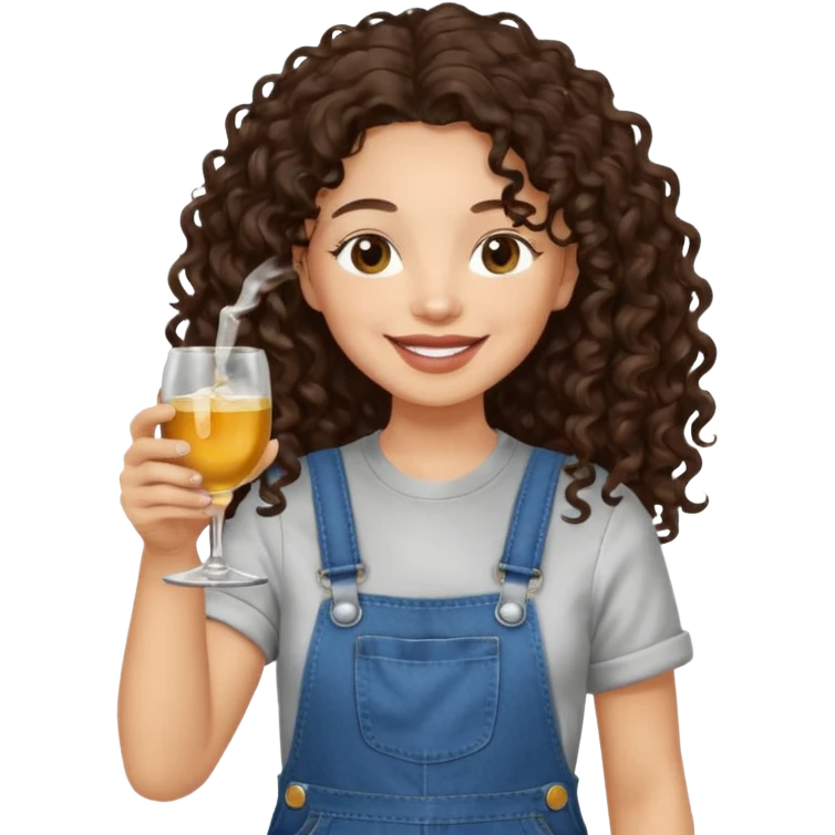 Curly haired curl with long dark brown hair and light skin in overalls toasting with alcohol  emoji