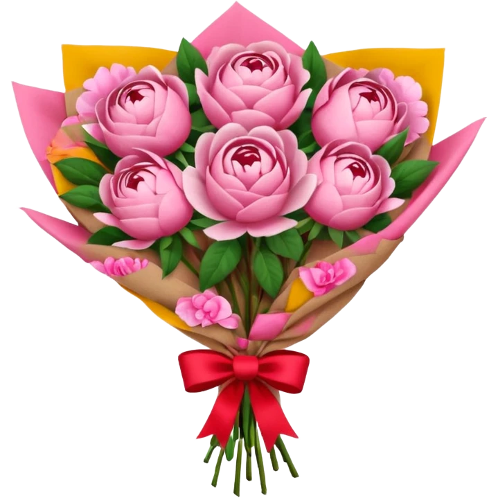 Bouquet of pink flower like rose and peony wrapped in kraft paper with red bow emoji
