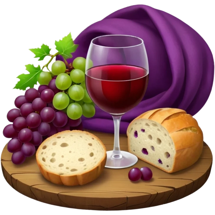 Please make a wine glass with a red cloth, make some grapes and a whole round loaf of bread, and place them on an elegant board. emoji