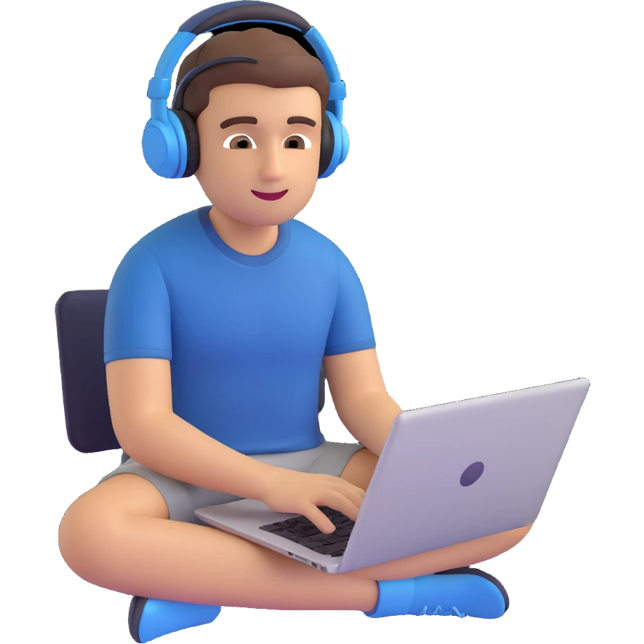 memoji of a college student, sitting with a laptop, relaxed, wearing headphones emoji