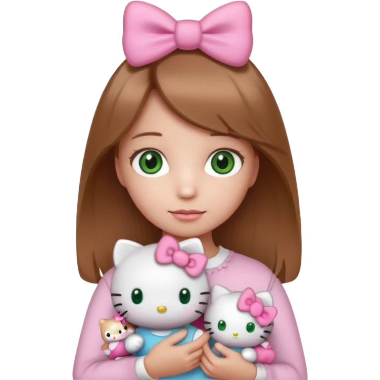 Girl with natural green eyes and light brown hair and she have a hello kitty doll with her hand emoji