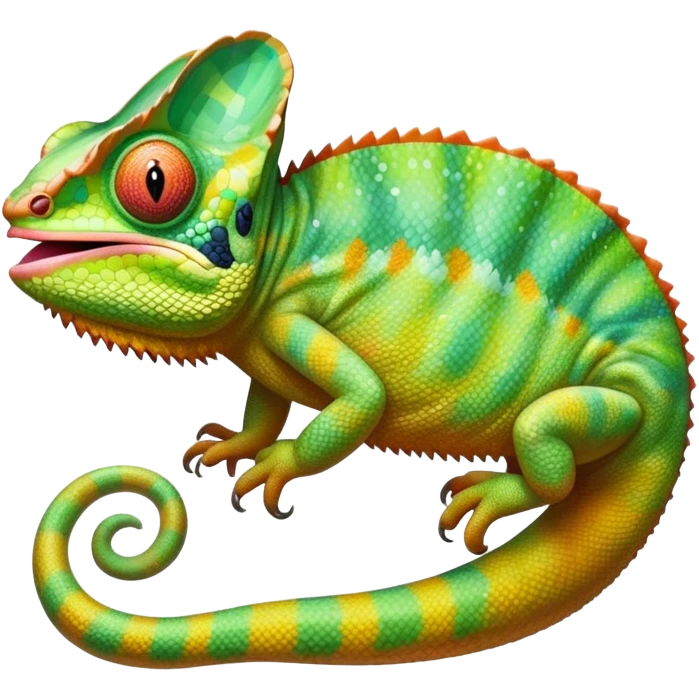 cinematic giant-tongue out chameleon-realistic emoji, mouth wide open with tongue out catching prey, -blending-with-vibrant-greenery.-detailed-scales-in-shifting-colors,-showing-the-chameleon’s-ability-to-camouflage.-soft-natural-light-highlights-its-texture.-light-background, zoomed into its face emoji