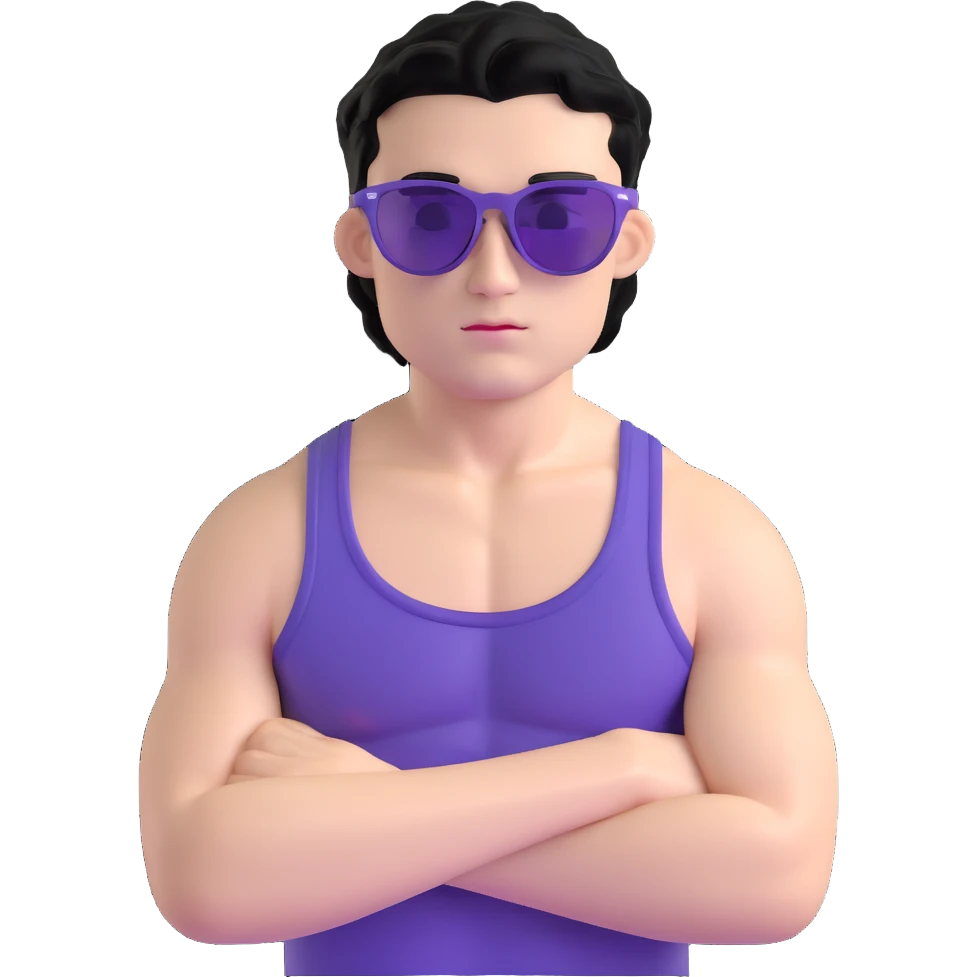 shirtless male athlete with white skin and moderately curly black hair on top with shaved sides, wearing purple sunglasses with black tinted lenses emoji