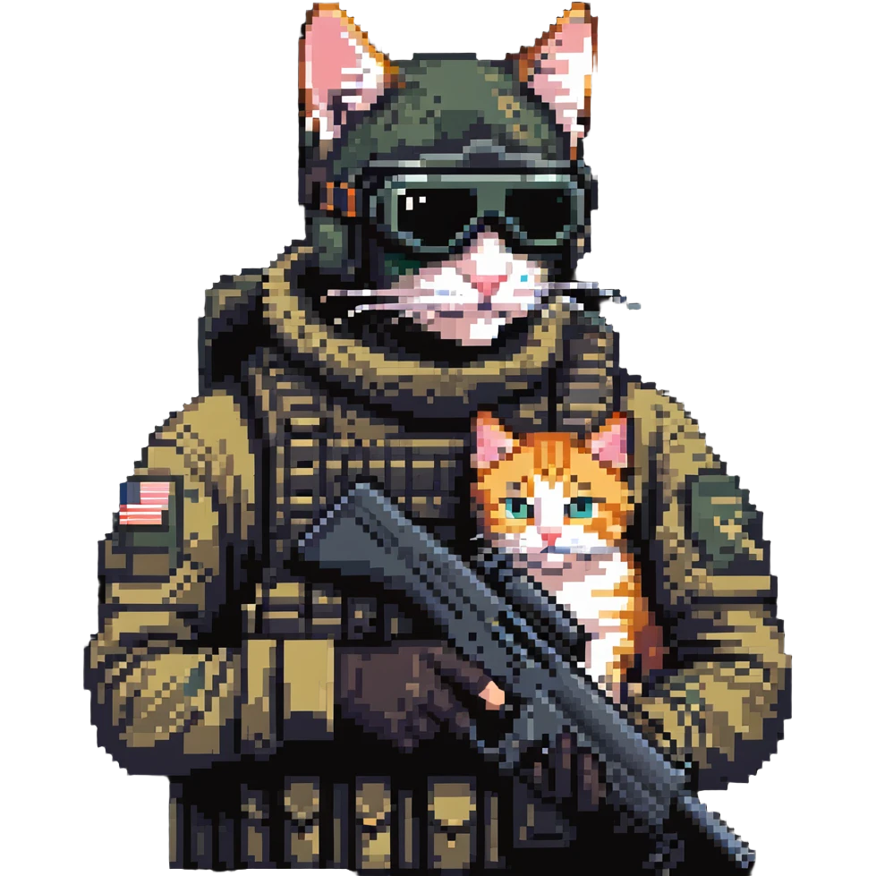Simple pixel art of man with goggles in tactical gear holding gun and cat emoji