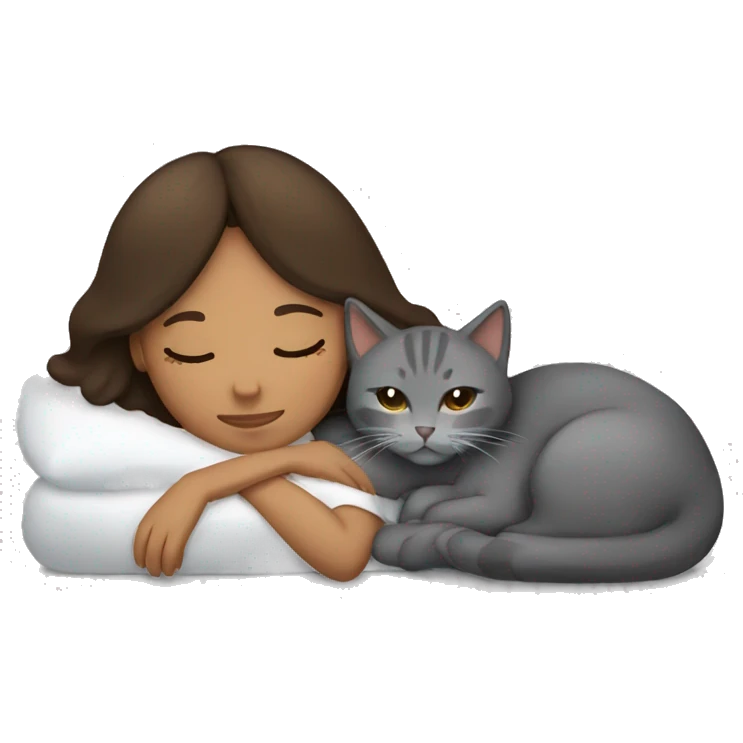 Brunette brown Girl and grey cat sleeping  emoji