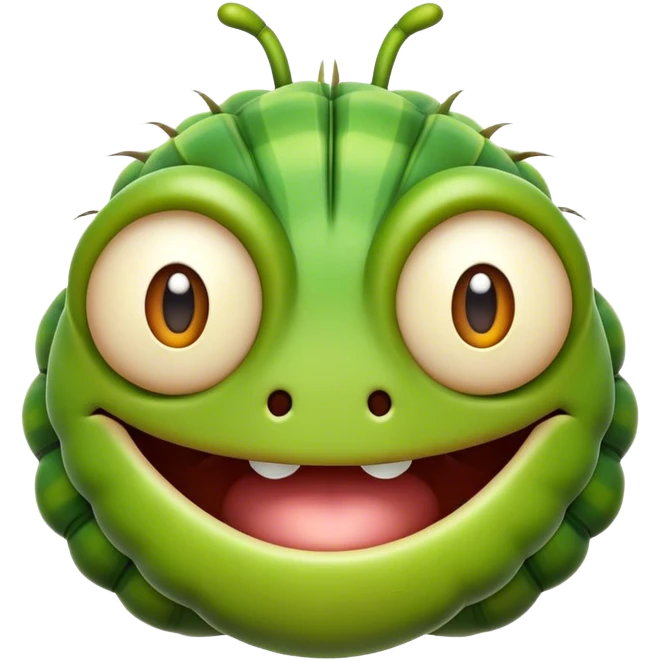 Cinematic Realistic Comical Caterpillar Portrait Emoji, Head tilted dramatically with an exaggeratedly amused expression, featuring a strikingly detailed segmented body in vibrant green with bold natural banding and wide, expressive eyes full of playful disbelief, rendered with lifelike texture and vivid natural colors, high shine, dramatic yet playful, styled with an air of cheeky garden mischief, soft glowing outline, capturing the essence of a spirited and over‐the‐top caterpillar that looks ready to wiggle its way into viral fame! emoji