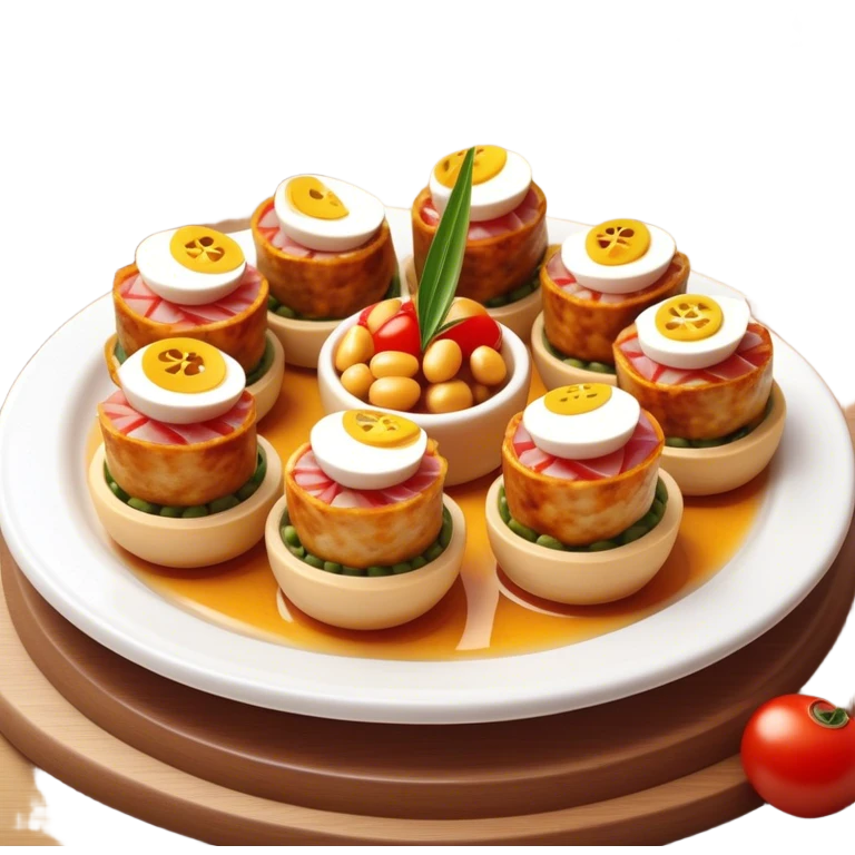 Tapas (4 Pintxos) Cinematic Realistic Tapas Dish Emoji, depicted as an assortment of 4 pintxos elegantly arranged on a plate, rendered with lifelike textures and vibrant, inviting lighting. emoji