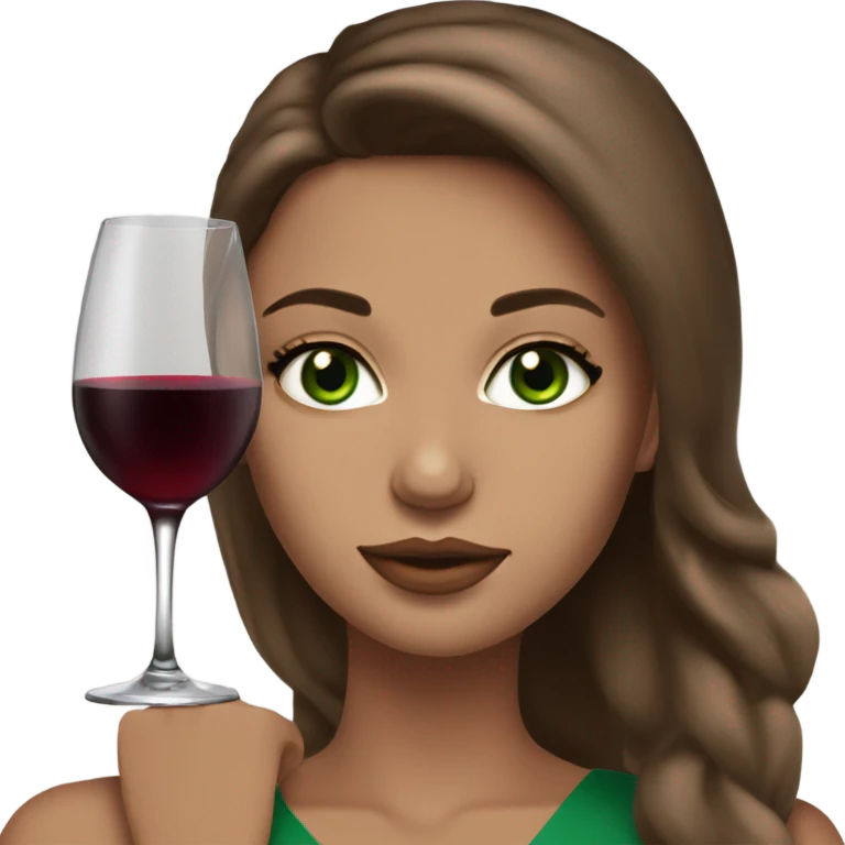 Beautiful green eyed model with brown hair, beige skin, with a wine, with a makeup  emoji