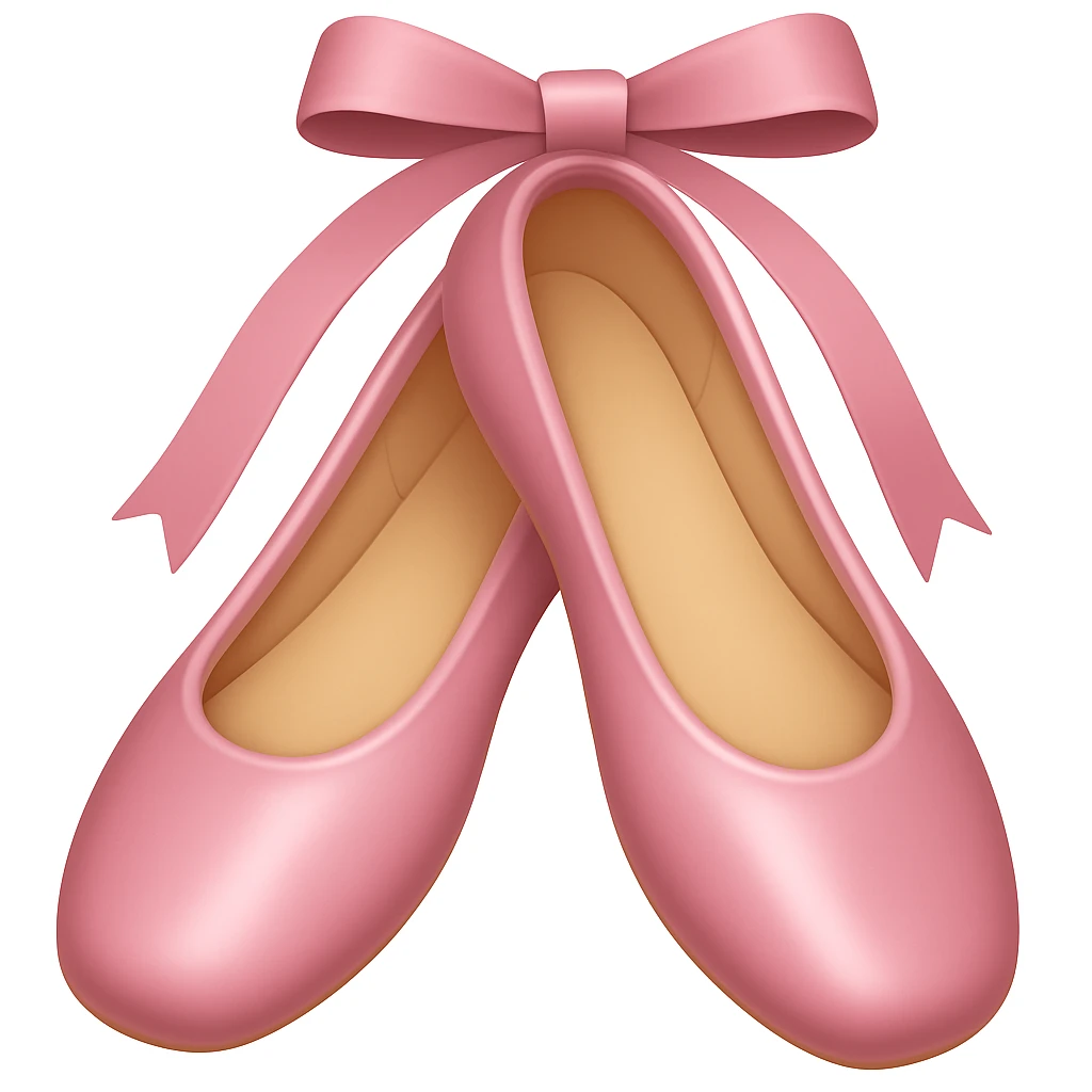 Create a ballerina shoes emoji in iOS emoji style, just like the reference image. Remove the bow at the top, keep the pink color, shiny and smooth look. emoji