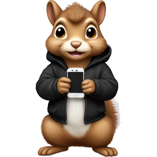 Cute realistic fluffy Squirrel with fluffy ears in black hoodie holding an iPhone  emoji
