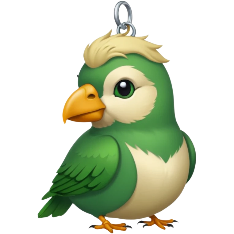 un oiseau classique vert avec un collier avec des breloque argentées et un poil blond qui fait une petite bouclette sur le front  emoji