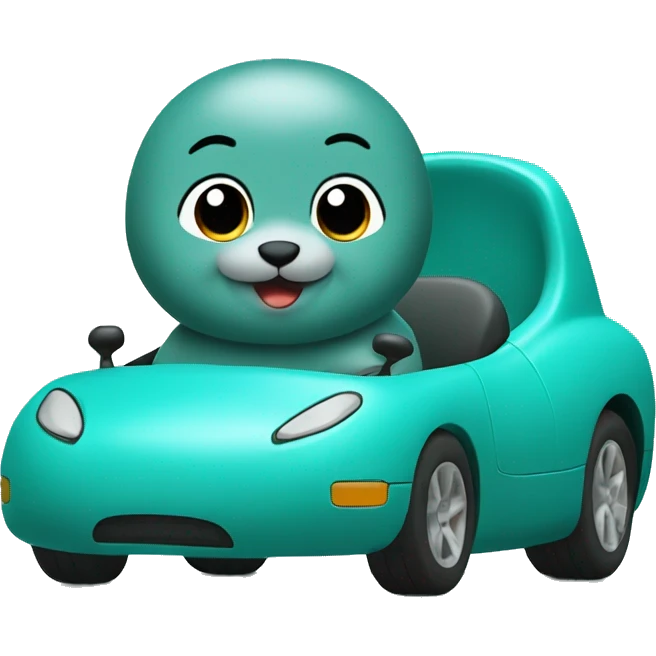 teal seal sitting in teal racecar side view emoji