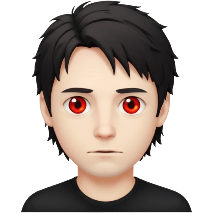 Парень с бледной кожей и красными глазами,  чёрные растрёпанные волосы до ушей, в черной футболке  emoji