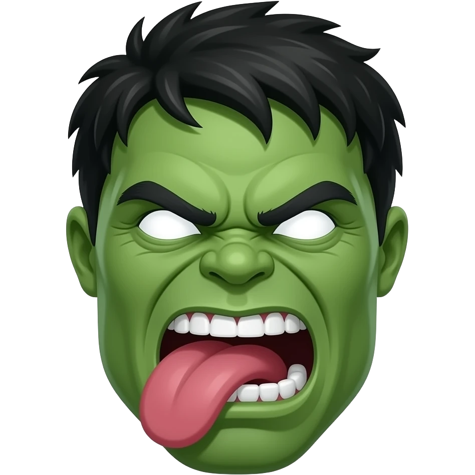 Hulk with his tounge out, fully white glowing eyes. emoji