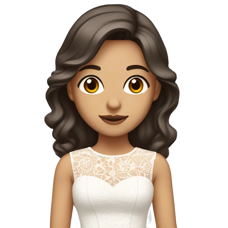 Adult woman with brown eyes, light tanned skin, long wavy dark brown hair, wearing a white lace dress emoji