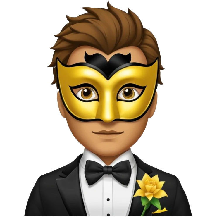 A man facing forward wearing a tuxedo with a yellow canary mask. The canary mask is in the style of a Venetian carnival mask. emoji