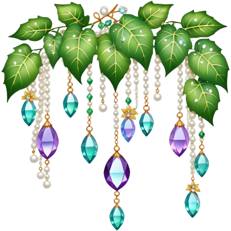 Exotic romantic Few cute tiny Iridescent glistening glossy sparkly shiny glittery hanging crystals pearls and beads and gemstones scenery scenic decorations with ivy and flowers emoji