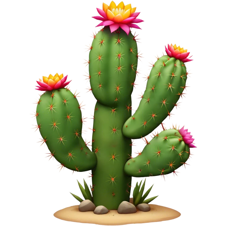 Cinematic Realistic Cactus Emoji, Tall and spiny, with thick, rounded stems covered in sharp spines. Bright flowers bloom at the tips of some branches, adding a pop of color against the desert backdrop. Soft glowing outline, capturing the essence of strength, survival, and desert beauty in a striking cactus! emoji