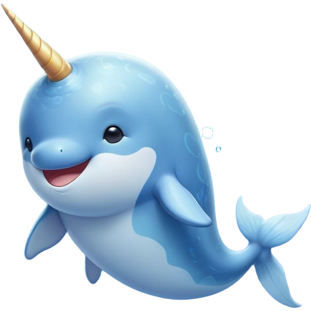 Beautiful and Majestic Cute Narwhal Portrait Emoji, Head and body rendered in serene repose with a gentle, radiant smile, showcasing a streamlined, graceful form adorned with a luminous spiraled tusk and peacefully closed eyes, Simplified yet exquisitely endearing features, highly detailed, glowing with a soft, majestic ocean light, high shine, serene and utterly enchanting, stylized with an air of magical marine splendor, soft glowing outline, capturing the essence of a beautiful and majestic cute narwhal that embodies the quiet wonder of the deep blue! emoji