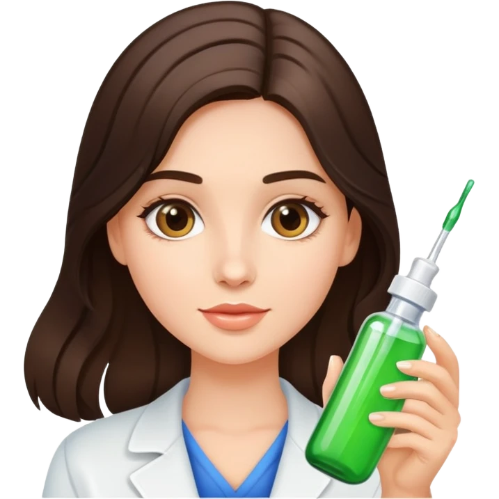 A  brunette girl with a dropper bottle in her hand with a glow skin and shiny healthy hair  emoji