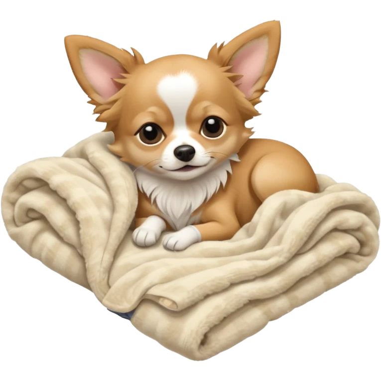 Long haired chihuahua, beige, white chest and socks, sleeping cutely under blanket emoji