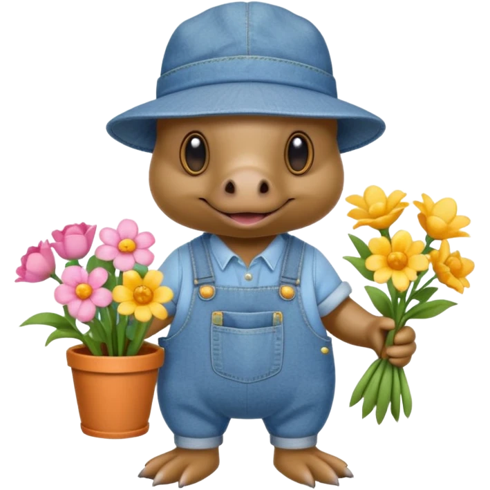 cartoon platypus with a gardening hat denim overalls and flowers emoji