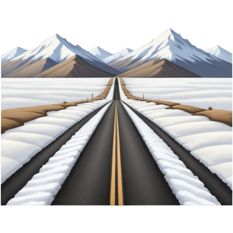 A long straight dirt road that disappears into the horizon half way up the screen from the perspective of someone sitting in the middle of the road looking down it. Flat snow fields on both sides of the road with huge looming mountains above the roads horizon line.  emoji