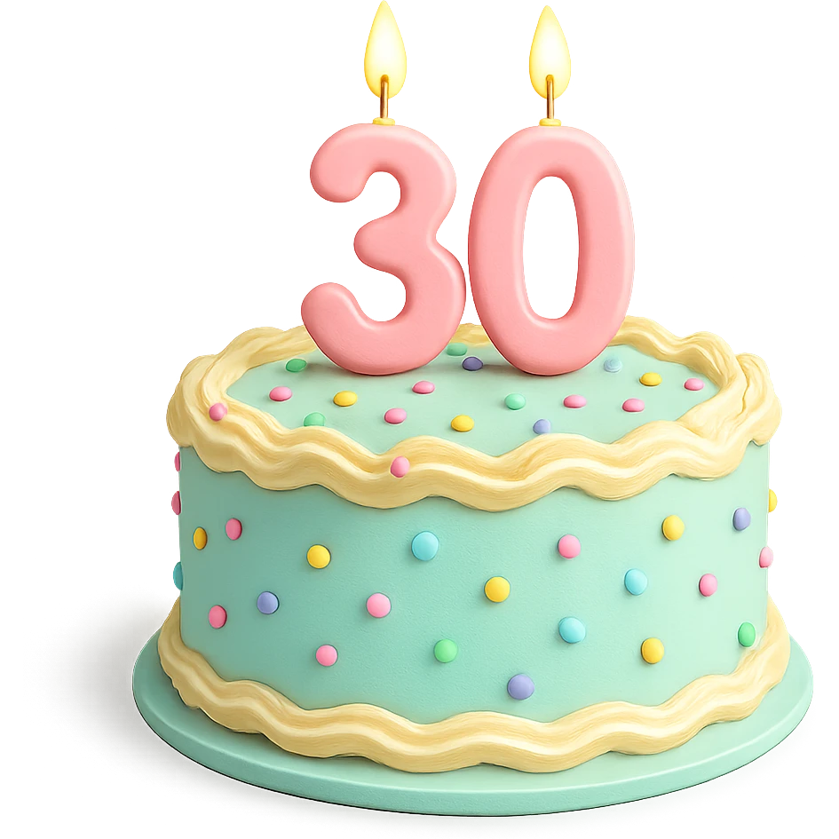 birthday cake with a candle in the shape of 30, pastel colors, cheerful, no text on cake emoji