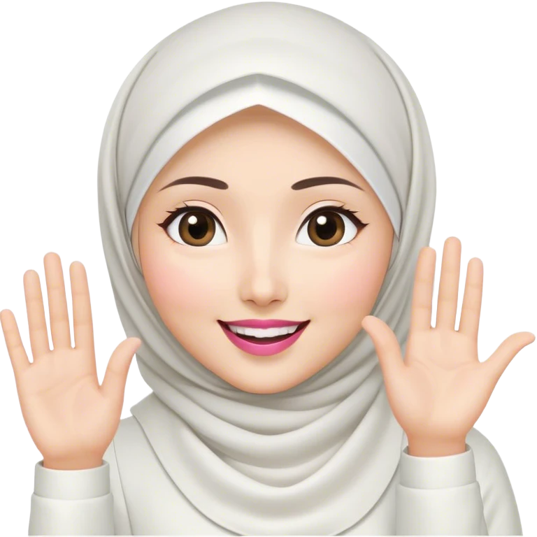 Asian white woman hijab, her hijab color is white, her face is small oval, her face is firm, her lips are pink, her eyes is shining, her face looks happy and excited, her eyes are also smiling, her outfit color is white. Generate emoji that show a half of her body and her gesture waving hand emoji