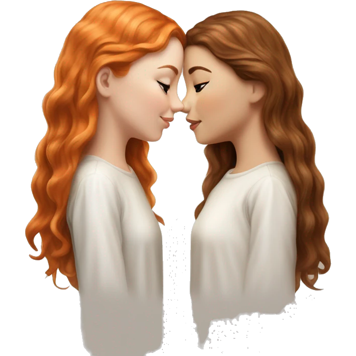 serene two white girls. one has wavy brunette hair and the other has natural soft orange hair delicate fringe. standing together kissing in gentle light. calm and content. hyper-realistic soft textures fine details glow on skin emoji