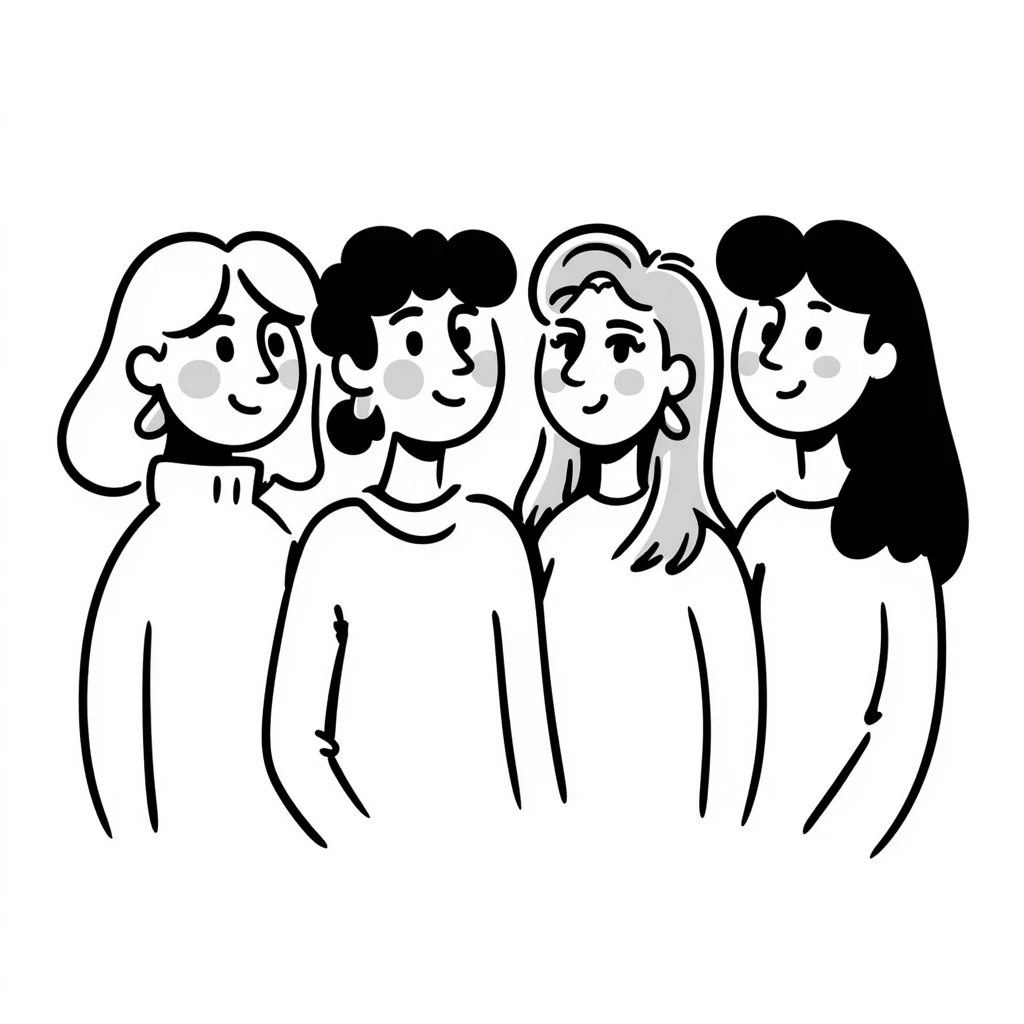 portrait of four young 25-year-old female friends up to waist, drawing style, no bangs, all with middle part hair. Chubby blonde with cheeks, slim brunette, normal weight blonde with wavy hair, slim brunette with very long hair. Light background, smiling expressions. emoji