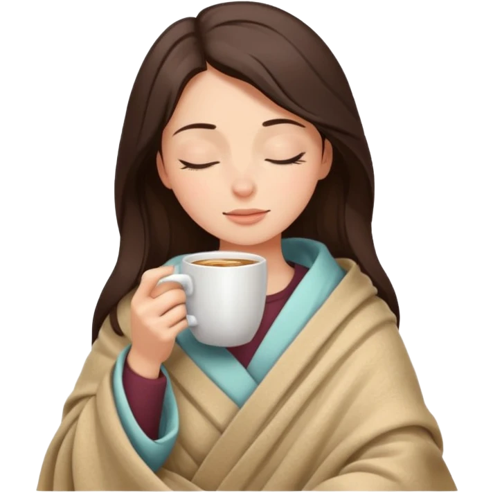 relaxed brunette girl wrapped in a blanket, sipping coffee, eyes closed emoji