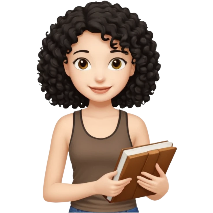 a pretty bratz fair girl with black curly hair in a brown tank top holding a book emoji