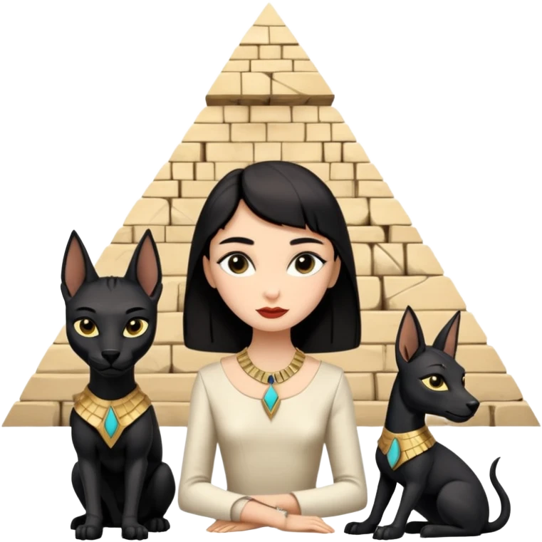 Kindly mannered real Audrey Hepburn cleopatra Protecting silky black-haired tiny slave statuette scale feral Anubis and pyramid scenery stone-age cracked irregular dwelling  emoji