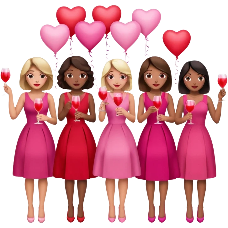 galentines party : they wea red and pink dresses, hold pink and red heart balloons and pink cocktails in their hands, there is a blond girl, a brunette, an asian, and a brown skin girl emoji