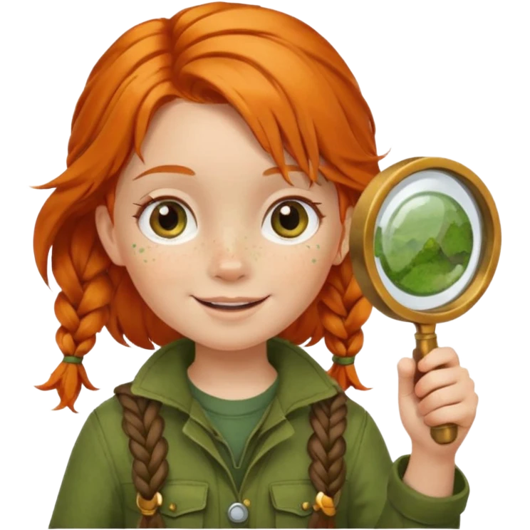 braid orange haired girl kid in moss green explorer outfit, holding magnifying glass, smile emoji
