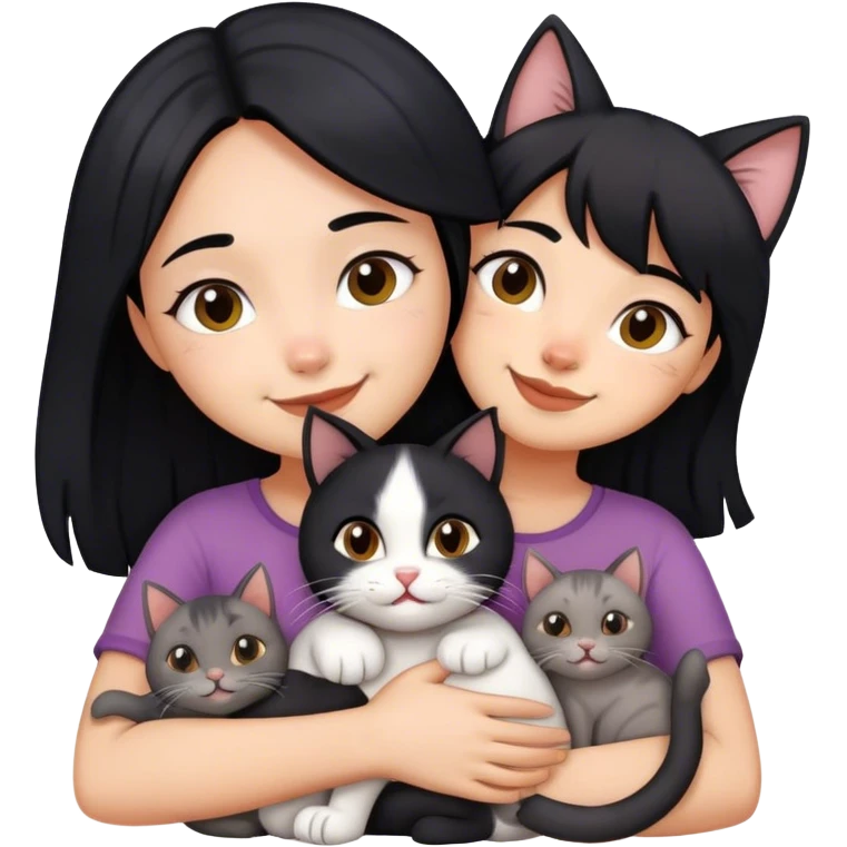 happy girl with black hair hugging three cats  (black cat, gray cat, brown calico cat) emoji