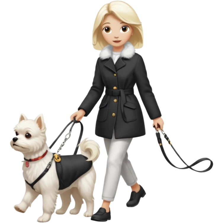 blonde woman walking Maltese dog emoji