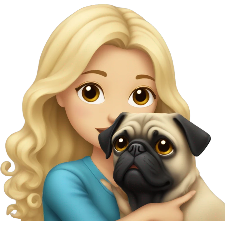Girl with wavy blonde hair kissing a black pug emoji