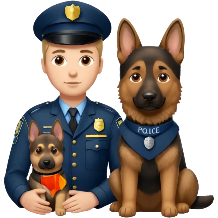 A German Shepherd sitting beside a police officer, both in focus, representing loyalty and discipline. Urban background, realistic tone, professional lighting. emoji