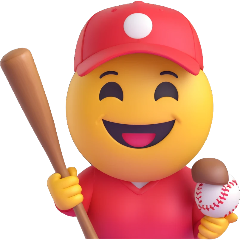 3D smiley emoji, round shape, wearing baseball cap and holding bat, sporty face emoji
