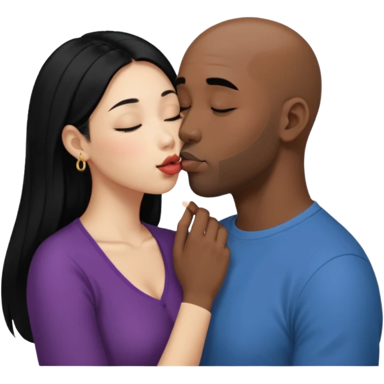 Bald black man with short beard deeply kissing, tonguing each other with open mouth. She is a shorter younger looking asain women. She has long black hair down to her elbows and a nose ring emoji