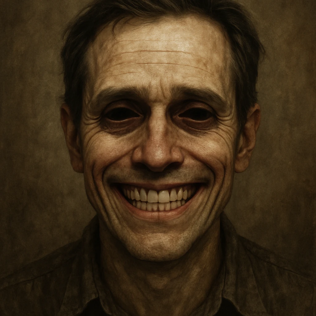 face with a wide grin and dead inside eyes, conveying a forced or hollow smile emoji