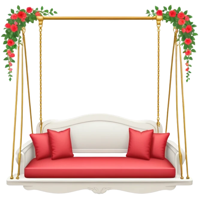 Romantic white wooden pastel-red cushions couch-swing with tiny gold flowers around emoji