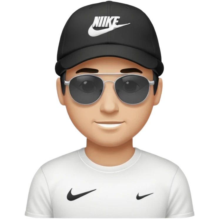 A guy wearing a white Nike shirt, a black Nike cap, and Juliet sunglasses. emoji