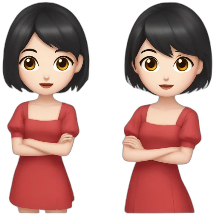 Girl with two moles below her right eye straight mily black hair siren eyes black eyes red dress asian korean emoji