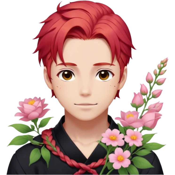 red hair with a thin braid on the side anime style handsome sexy gojo guy with blushing face and flowers aesthetic trending style outside emoji