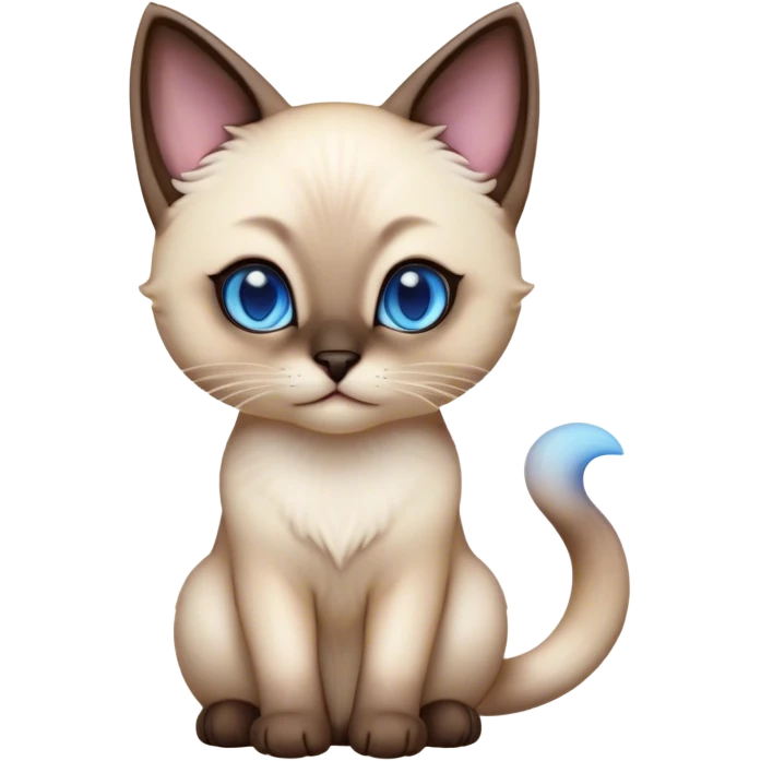 Cinematic Cute Siamese Cat Portrait Emoji, slender body, soft cream-colored fur with rich dark points on the ears, face, paws, and tail, big, sparkling sapphire-blue eyes, Simplified yet irresistibly adorable features, highly detailed, glowing with a warm, cozy glow, high shine, curious yet calm, stylized with a touch of whimsy, bright and endearing, soft glowing outline, capturing the essence of a mischievous yet lazy and loveable kitty, so cuddly it feels like it could waddle right out of the screen for a snuggle! emoji