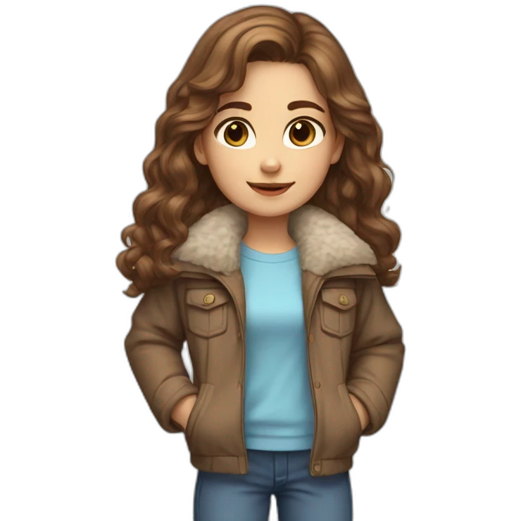 Girl, slightly curly long brown hair, light blue eyes, blue jacket with fur emoji